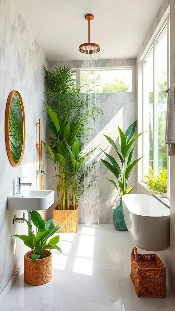 A bright bathroom with large windows, featuring a rain shower, plants, and a freestanding tub.