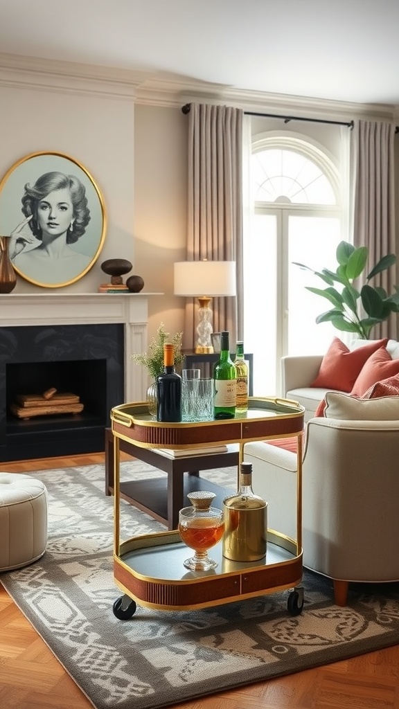 Stylish bar cart with drinks and decorative items in a modern living room featuring Art Deco elements.