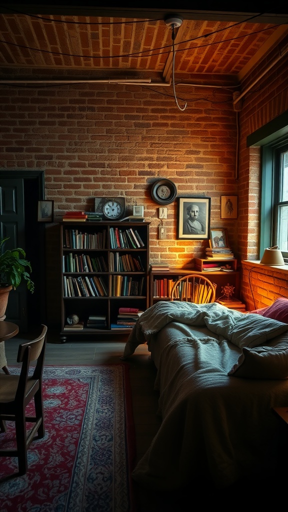 Cozy bedroom featuring bare brick walls, a bed with soft blankets, a bookshelf, and warm lighting