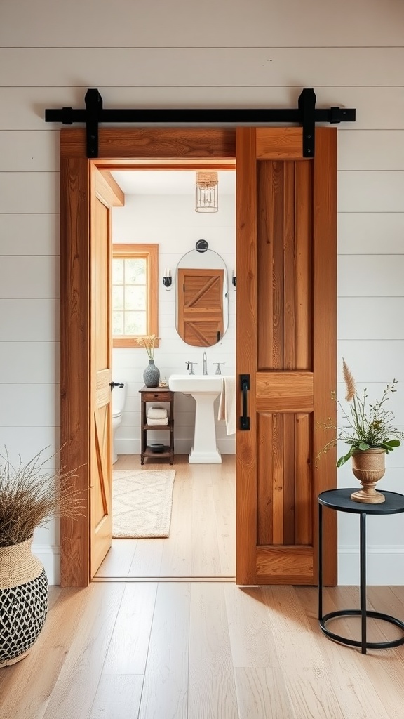 Wooden barn door leading into a stylish farmhouse bathroom