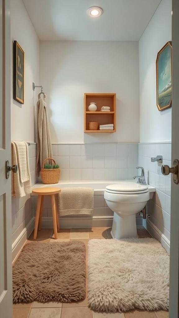 A small bathroom featuring fluffy beige and white bath mats, a small wooden stool, and neatly arranged towels on shelves.