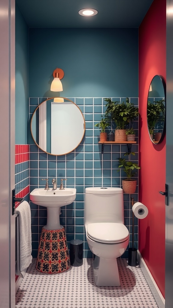 A small bathroom featuring teal and red walls, round mirror, plants, and patterned stool.