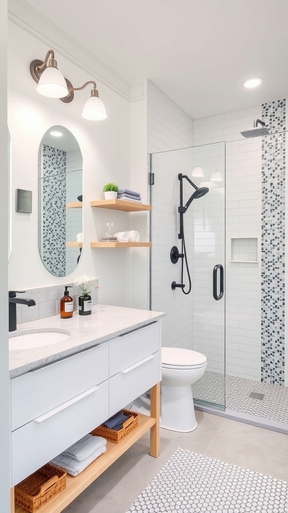 A beautifully renovated bathroom with modern features, including a glass shower, a light wood vanity, and stylish decor.