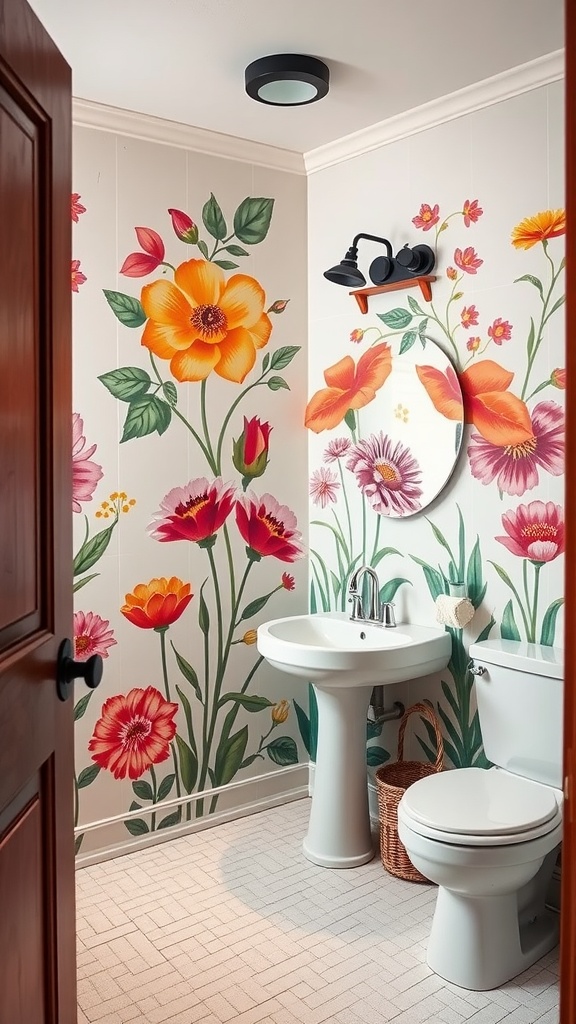 A bright bathroom with a colorful floral mural, featuring a white sink and toilet.