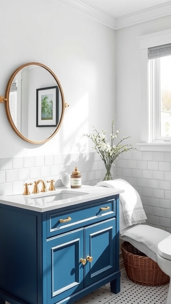 Bathroom with a blue painted vanity, round mirror, and white subway tiles