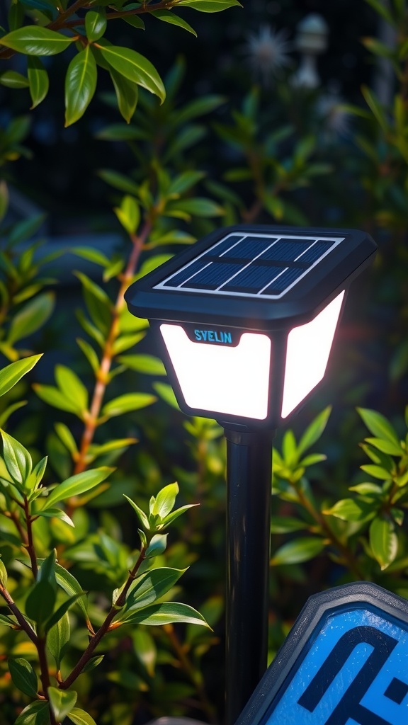 A solar uplight with a solar panel on top, surrounded by green foliage.