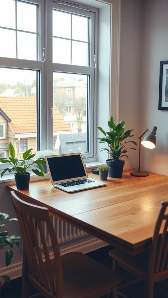 A cozy bay window desk setup featuring a wooden table, a laptop, and potted plants.