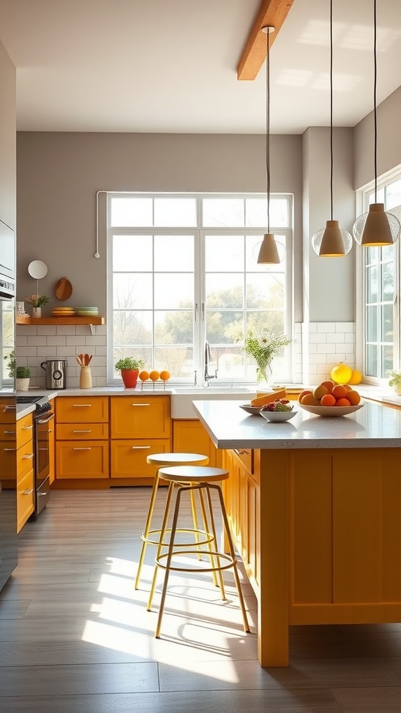 Bright kitchen with yellow cabinetry and a peninsula
