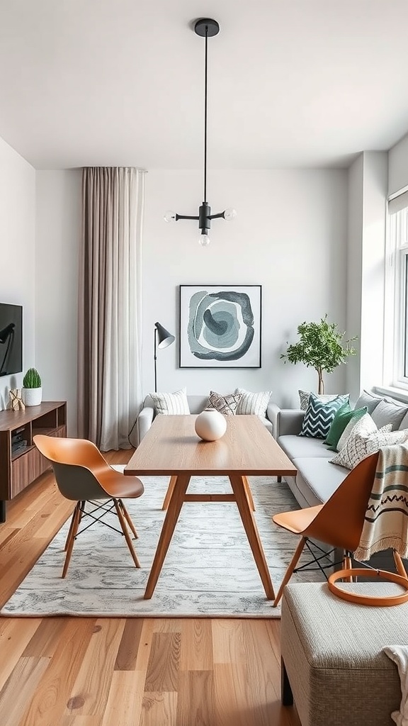 A small living room featuring a wooden dining table with chairs, a light fixture, and a cozy sofa, showcasing a modern design.