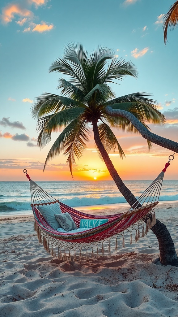 A beach-themed hammock hangs between palm trees at sunset, showcasing vibrant colors and a serene ocean backdrop.