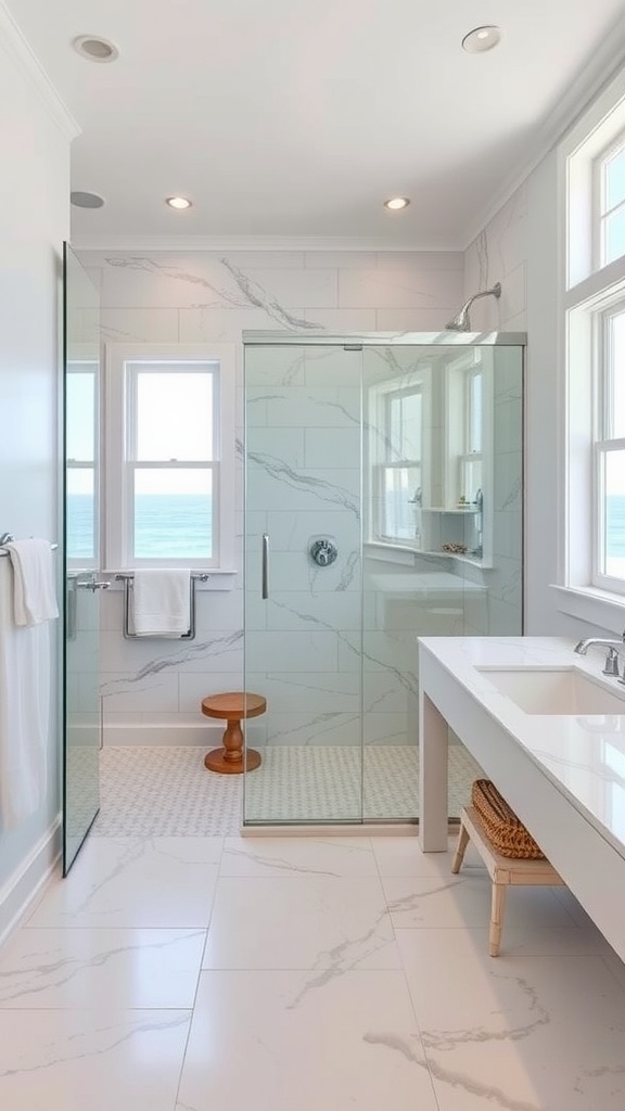 A bright beach house bathroom featuring a walk-in shower with glass enclosure, marble tiles, and ocean view