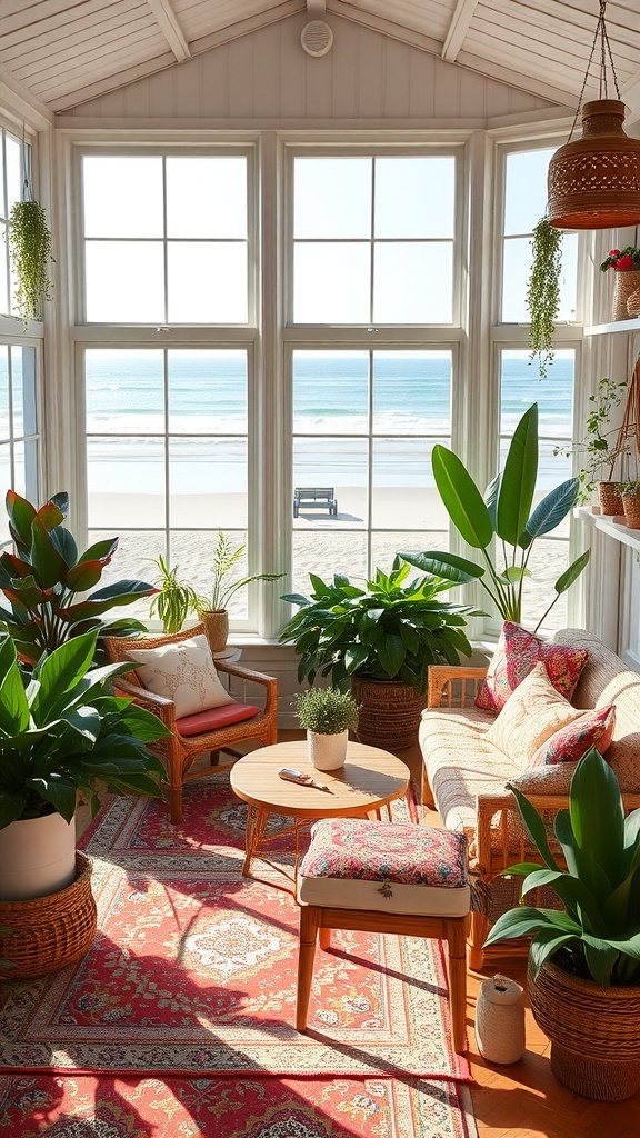 A bright sunroom with large windows showing a beach view, featuring cozy furniture and lush plants.