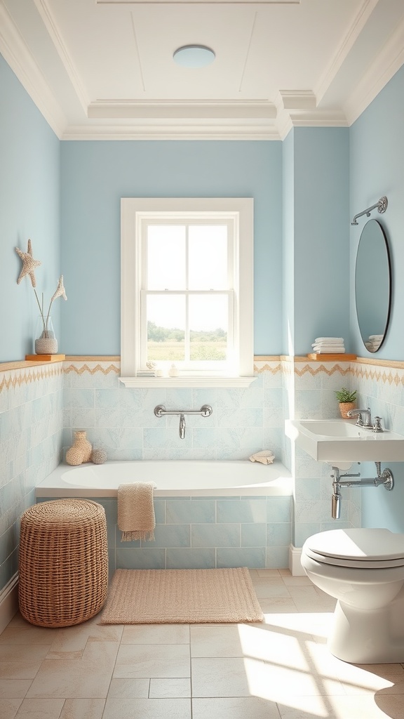 A beach-themed bathroom with blue tiles and natural decor elements.