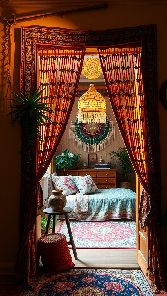 A beaded curtain doorway leading into a cozy boho-themed bedroom.