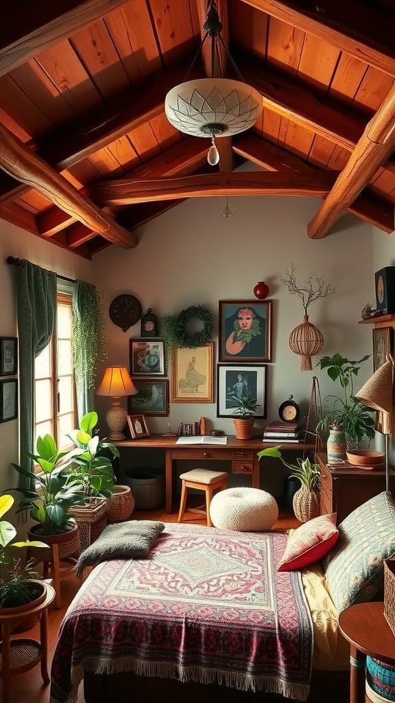 A cozy Boho style bedroom with wooden beam ceiling accents, plants, and eclectic decor.