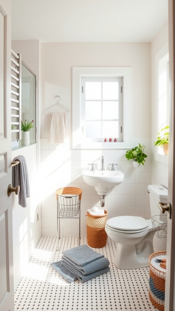 A bright and airy bathroom featuring a pedestal sink, woven storage baskets, soft-colored towels, and natural light streaming through a window.