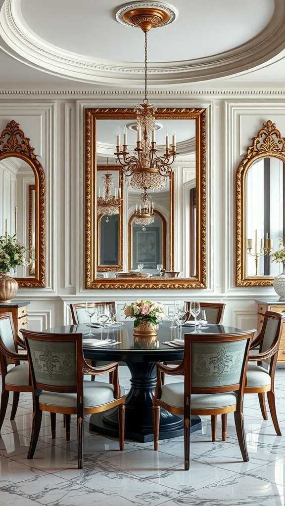 Luxurious Italian dining room with beautifully framed mirrors and elegant decor