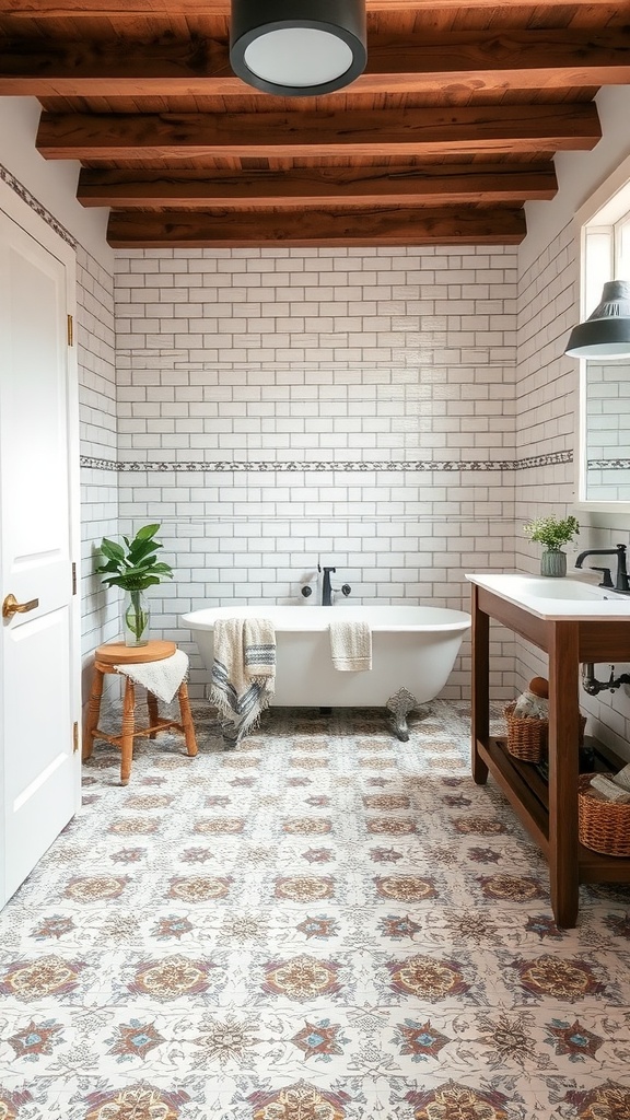 A farmhouse bathroom featuring beautifully patterned tiled floors, a freestanding bathtub, and wooden beams.