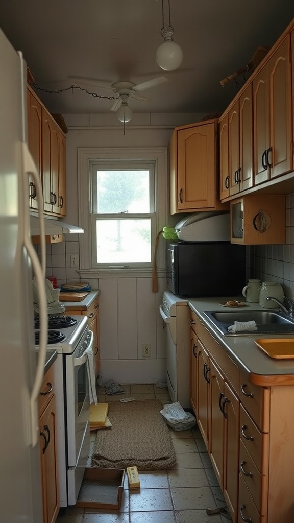 A cluttered and outdated kitchen with wooden cabinets, old appliances, and a disorganized layout.