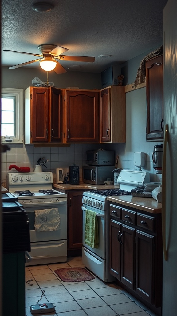 A small, cramped kitchen with dark wood cabinets, limited counter space, and close appliances.