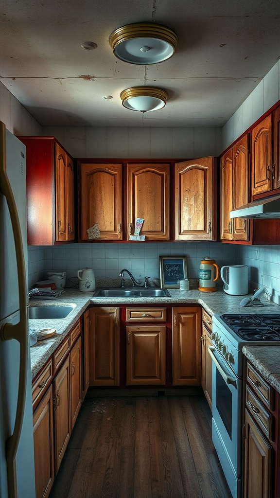 A dated kitchen with dingy wooden cabinets, old appliances, and a worn-out appearance.