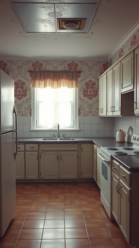 An old kitchen with floral wallpaper, dated cabinets, and worn flooring.