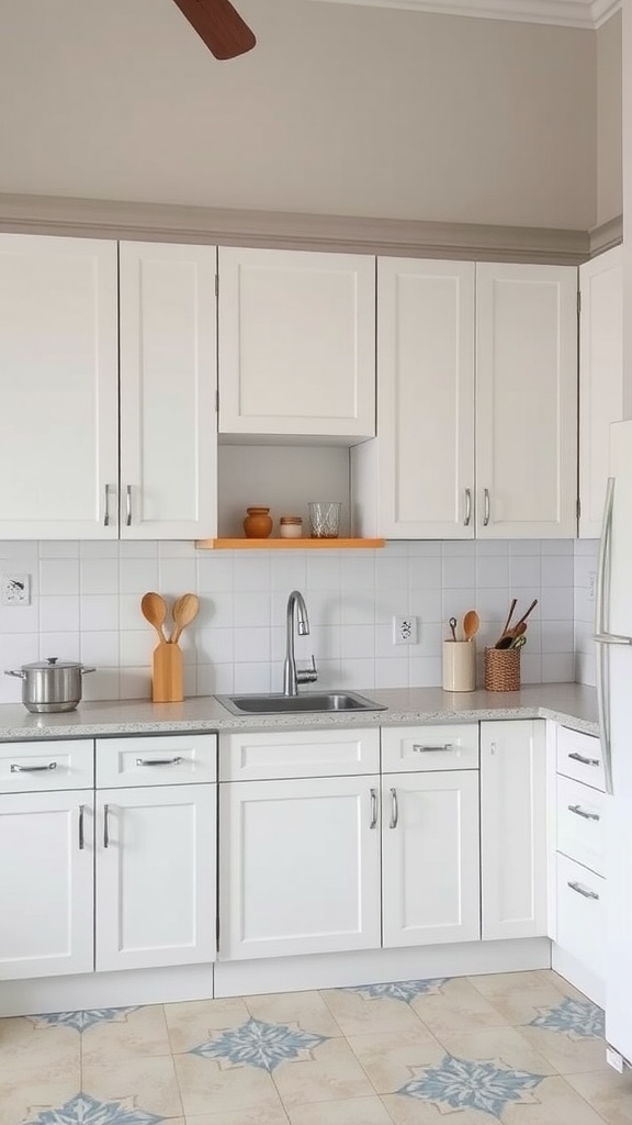 A simple kitchen with white cabinets, minimal decor, and a clean layout.