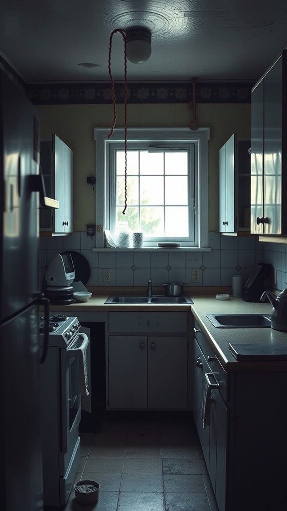 A cramped and outdated kitchen with dark tones and old appliances.