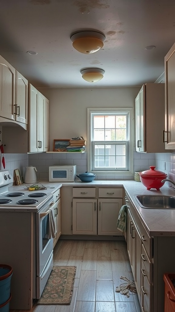 A dimly lit kitchen with old cabinets, dated appliances, and signs of wear.