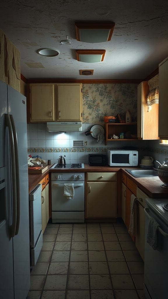 Before image of a dated kitchen with old cabinets, worn tiles, and poor lighting.