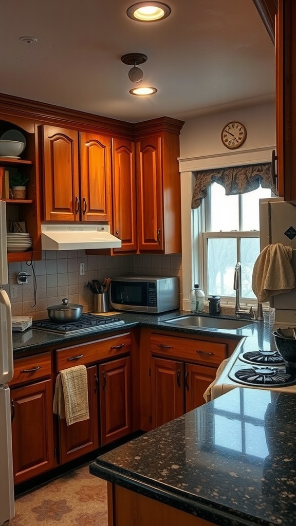 An outdated kitchen featuring dark wood cabinets, granite countertops, and dim lighting.