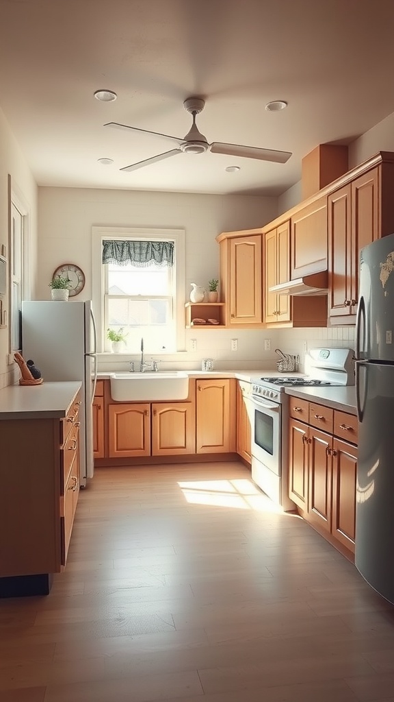 A spacious kitchen with wooden cabinets, a large sink, and bright lighting, needing an upgrade