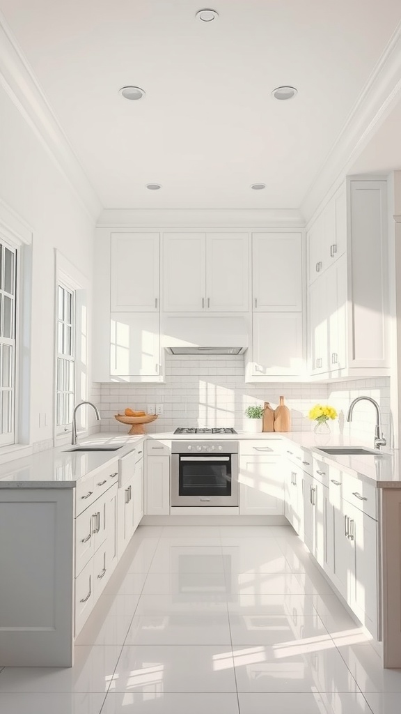 Spacious kitchen with all white cabinets, bright countertops, and natural light.