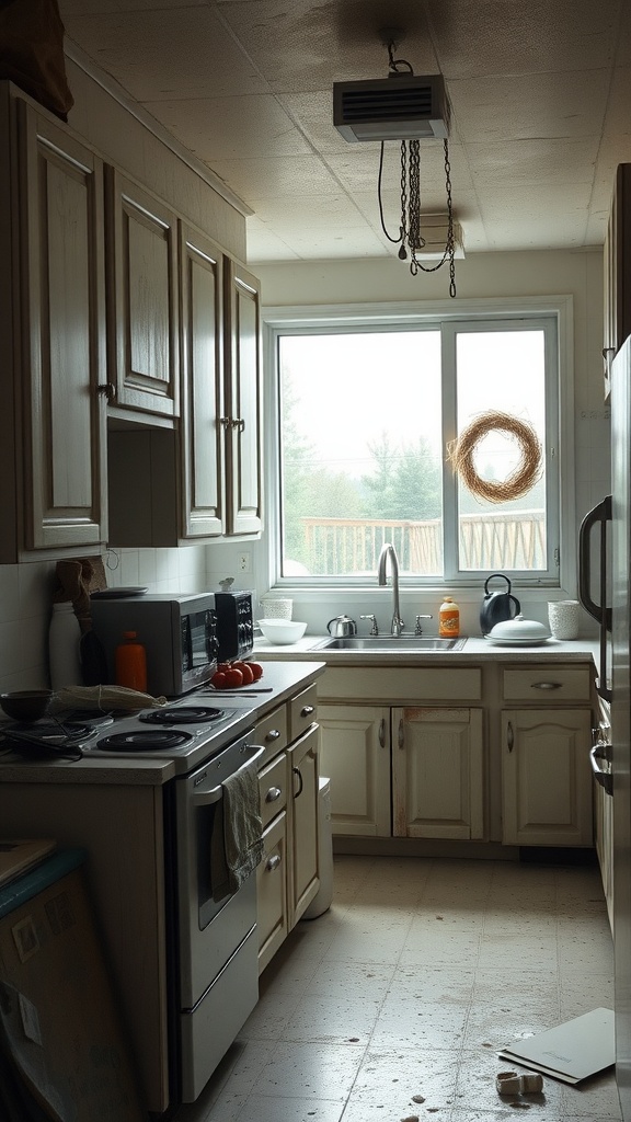 Before image of a dull kitchen with outdated cabinets and appliances