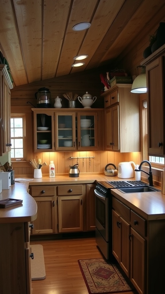 Cozy wooden kitchen with wooden cabinets, countertops, and ceiling, featuring a practical layout and some decorative items.