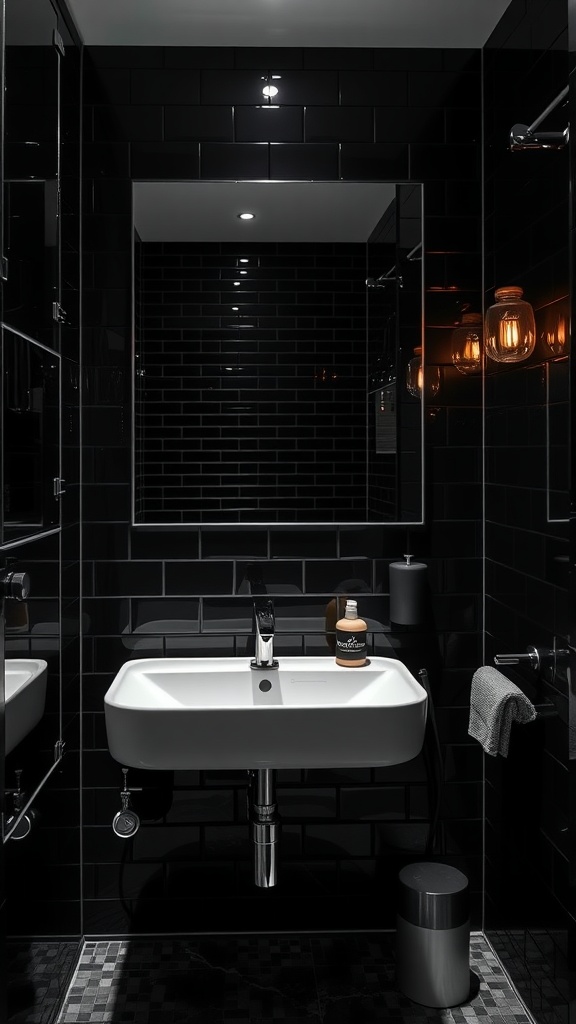 A modern bathroom featuring black tiles, a white sink, and chrome fixtures.