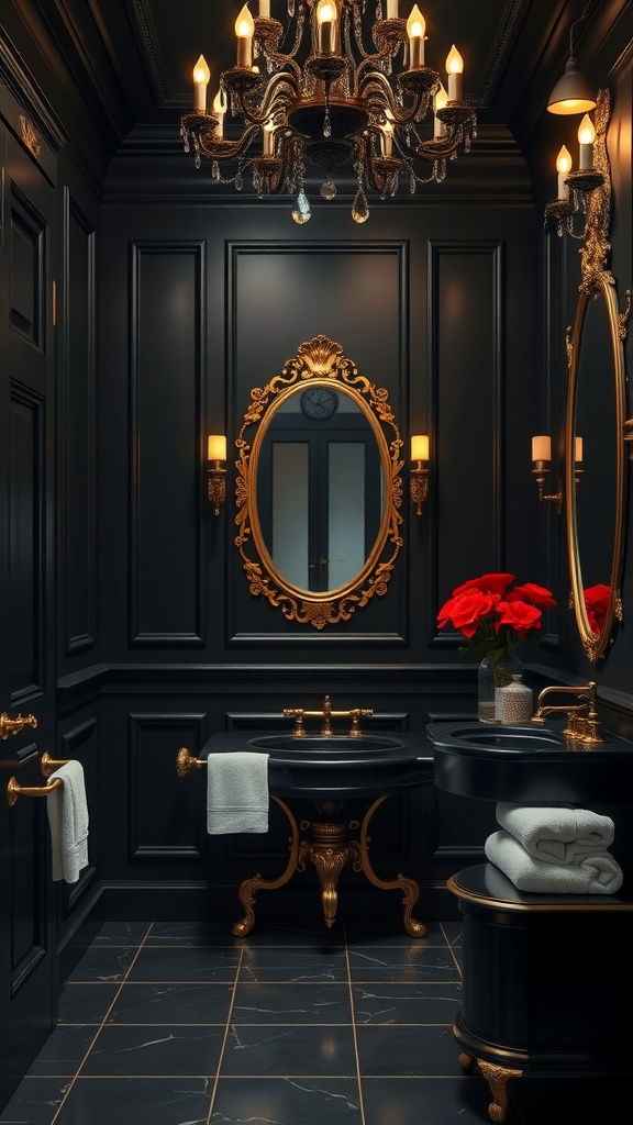 Elegant black and gold bathroom with chandelier, roses, and ornate mirror