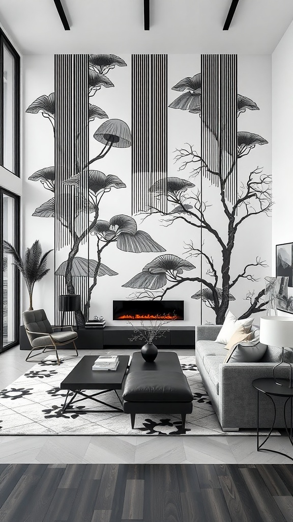 Contemporary living room featuring a dramatic black and white statement wall with artistic designs