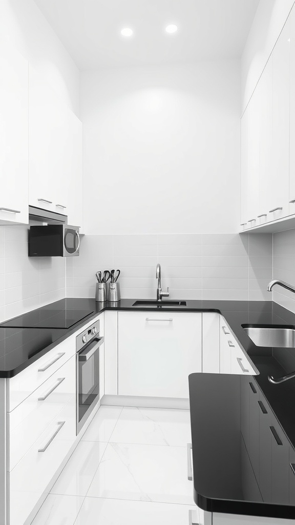 A small modern kitchen featuring black countertops and white cabinets in a minimalist style.