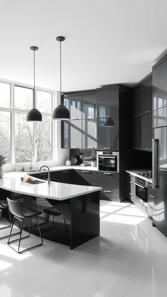 A modern black and white U-shaped kitchen with glossy cabinets and a spacious island.