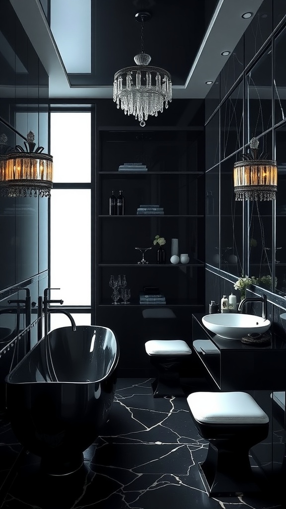 Stylish black bathroom featuring a chandelier, black bathtub, and elegant decor.