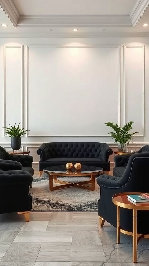 Stylish room featuring black furniture with gold accents, including sofas and coffee tables.
