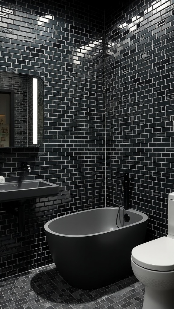 Stylish black mosaic bathroom featuring a modern tub and sink