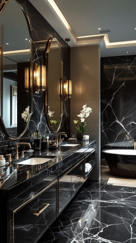 Stylish bathroom featuring black onyx decor with round mirrors and warm lighting.