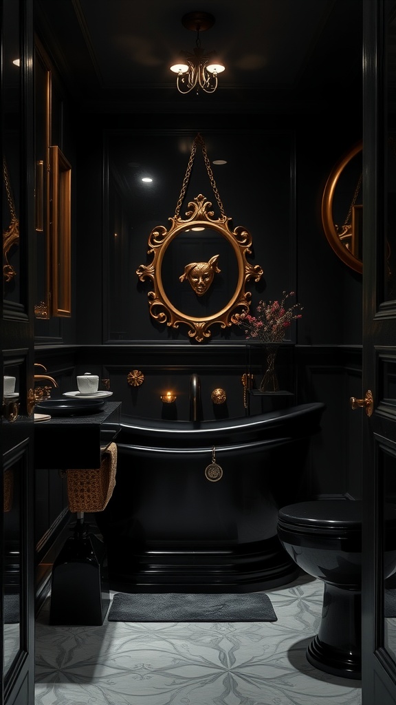 A luxurious bathroom featuring black decor with bronze accents, including a black bathtub, bronze fixtures, and an intricate mirror.