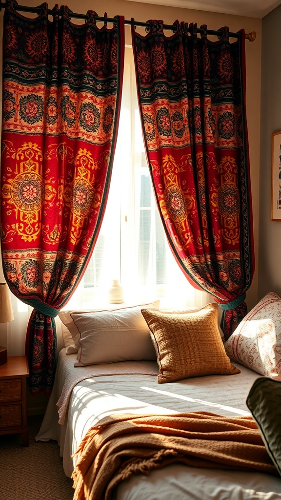 A cozy bedroom featuring vibrant black-out curtains with bohemian prints, highlighting rich reds and intricate patterns.