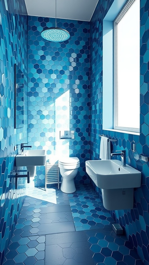 A bathroom featuring blue gradient hexagonal tiles on the walls and floor, with modern fixtures.