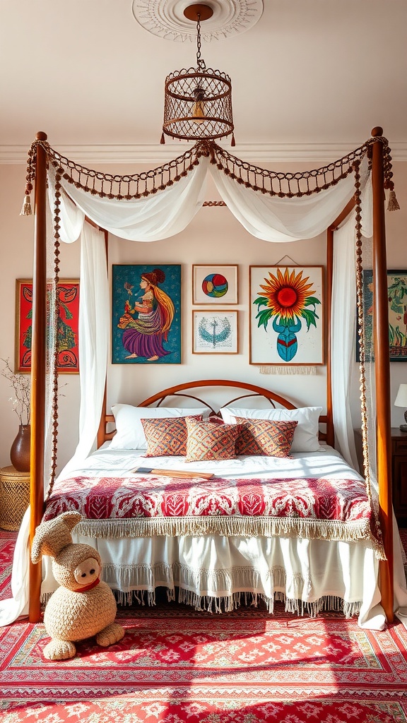 A cozy Boho bedroom featuring a canopy bed and vibrant artwork on the walls, creating an inviting and creative atmosphere.