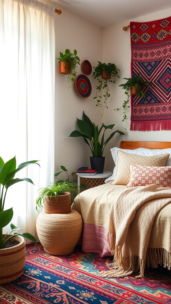 A cozy Bohemian bedroom nook with a bed, vibrant rug, plants, and colorful wall decor.