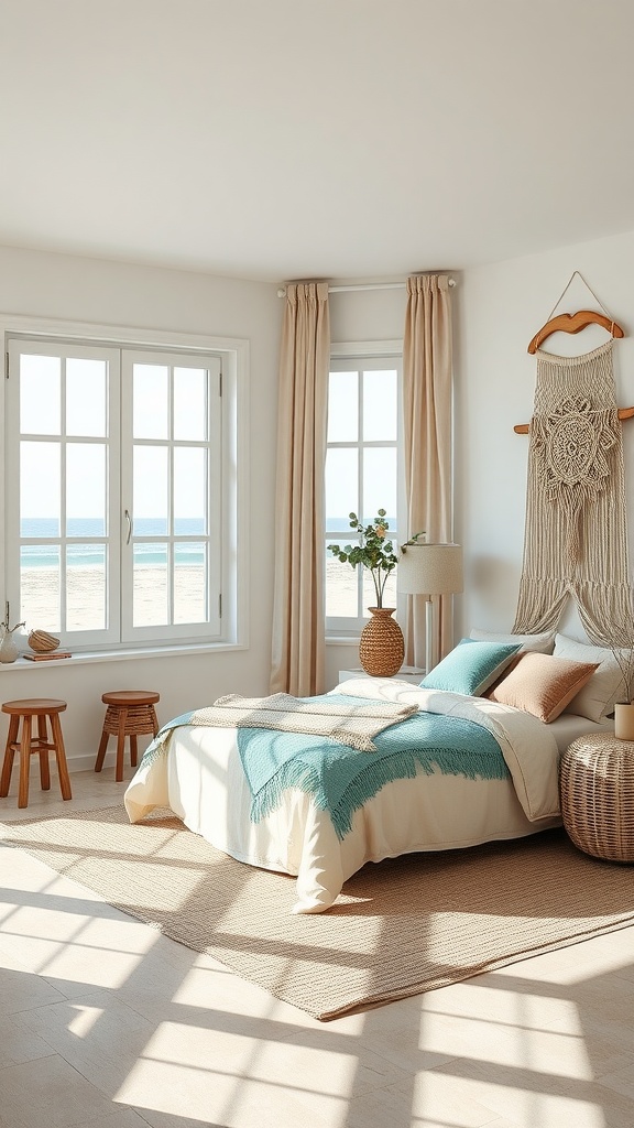 A bright and airy Bohemian bedroom with large windows, light-colored bedding, and natural decor elements.